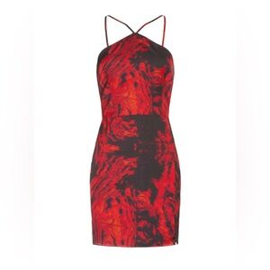 Louna High Neck Halter Black & Red Mini A-line Flame Dress with Side Slit